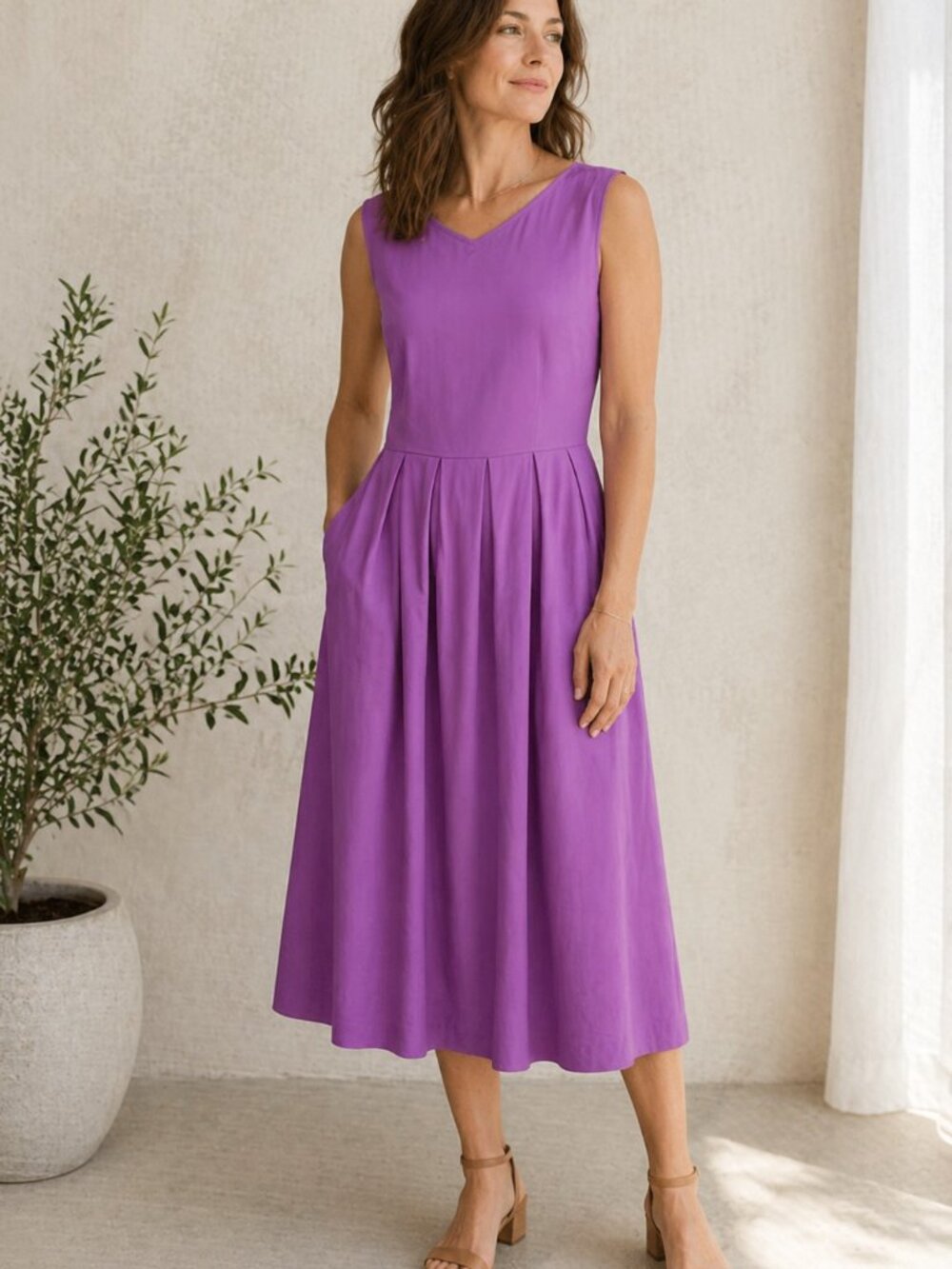Vintage ESPRIT Dress 90s Minimalist Women 10 Purple Sleeveless Drop Waist Midi